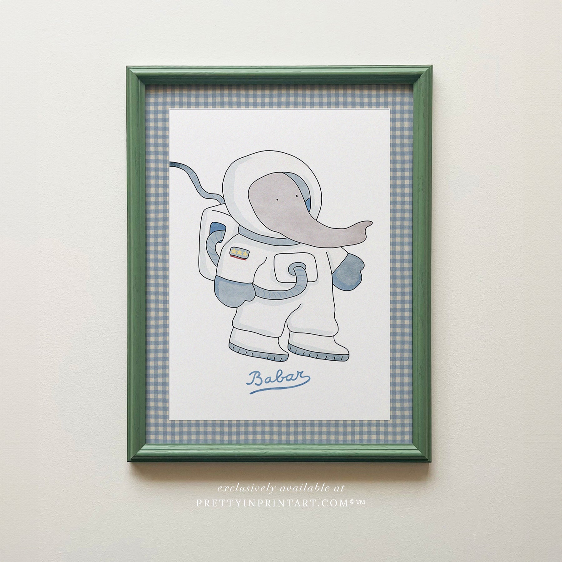 Babar, der Astronaut | Gerahmt (Calke Green Farrow &amp; Ball 00303)