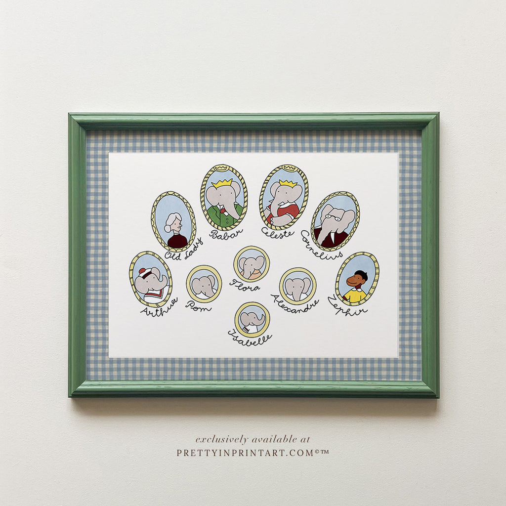 Babar Nursery Art - Family Tree |  Framed (Calke Green Farrow & Ball 00303)