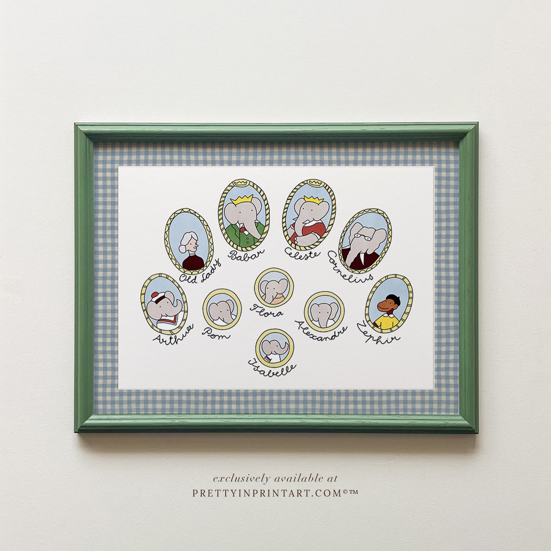 Babar Nursery Art – Stammbaum | Gerahmt (Calke Green Farrow &amp; Ball 00303)