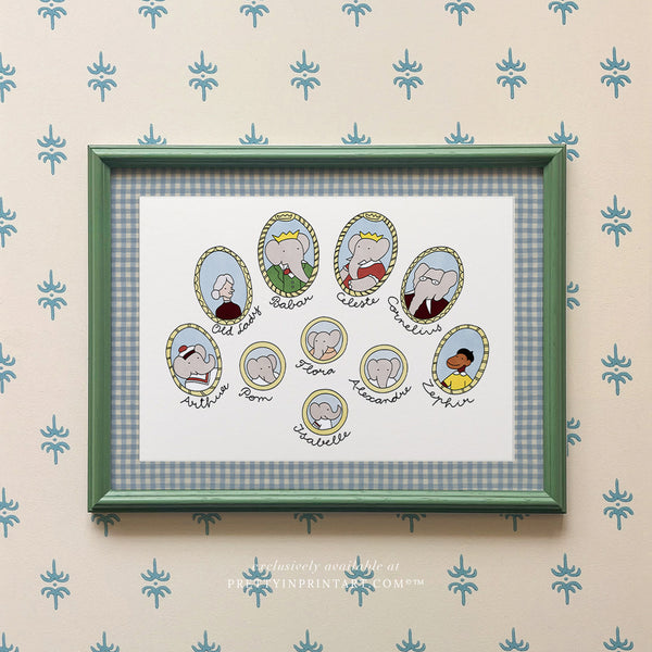 Babar Nursery Art - Family Tree |  Framed (Calke Green Farrow & Ball 00303)