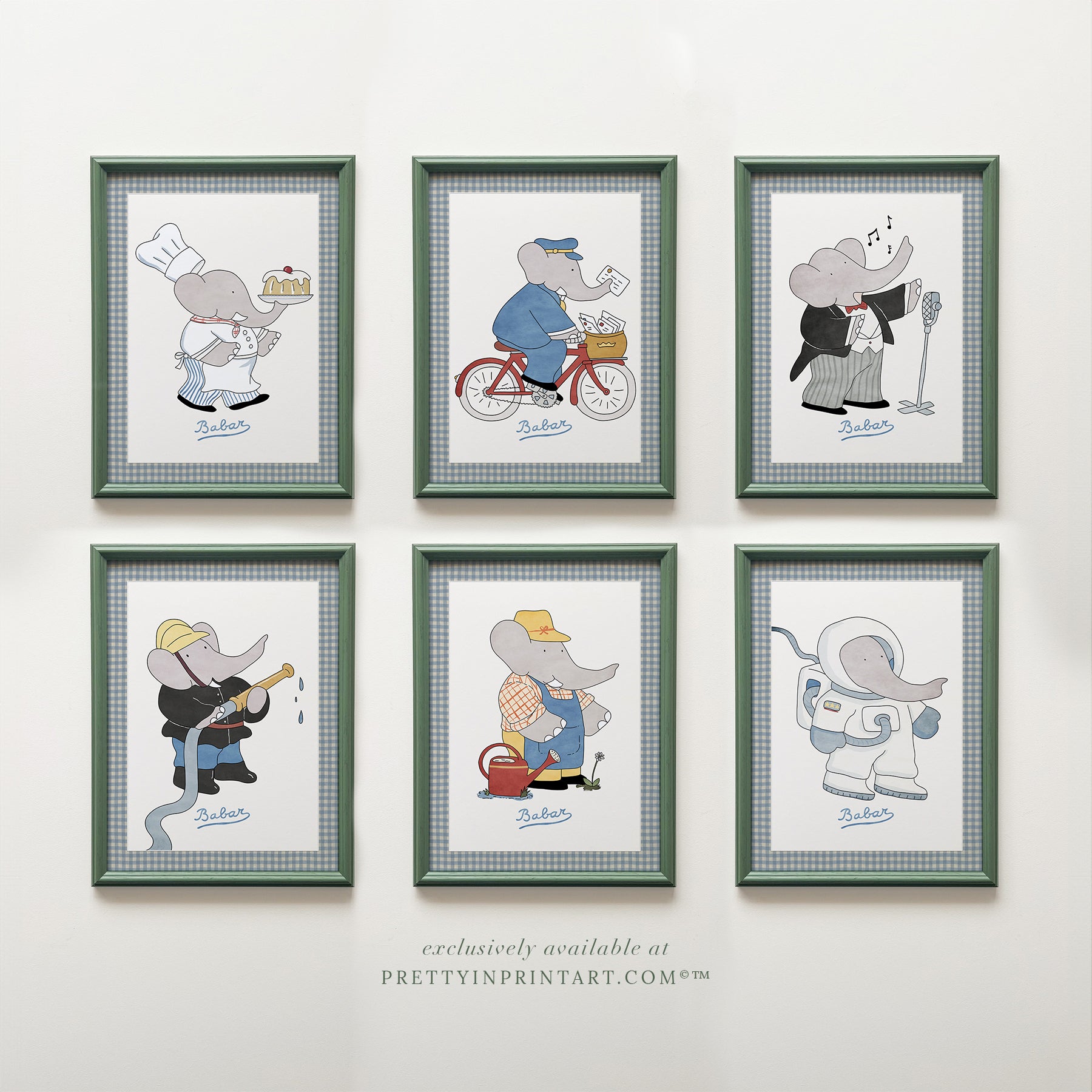 Babar Nursery Art (set of 6) |  Framed (Calke Green Farrow & Ball 00303)