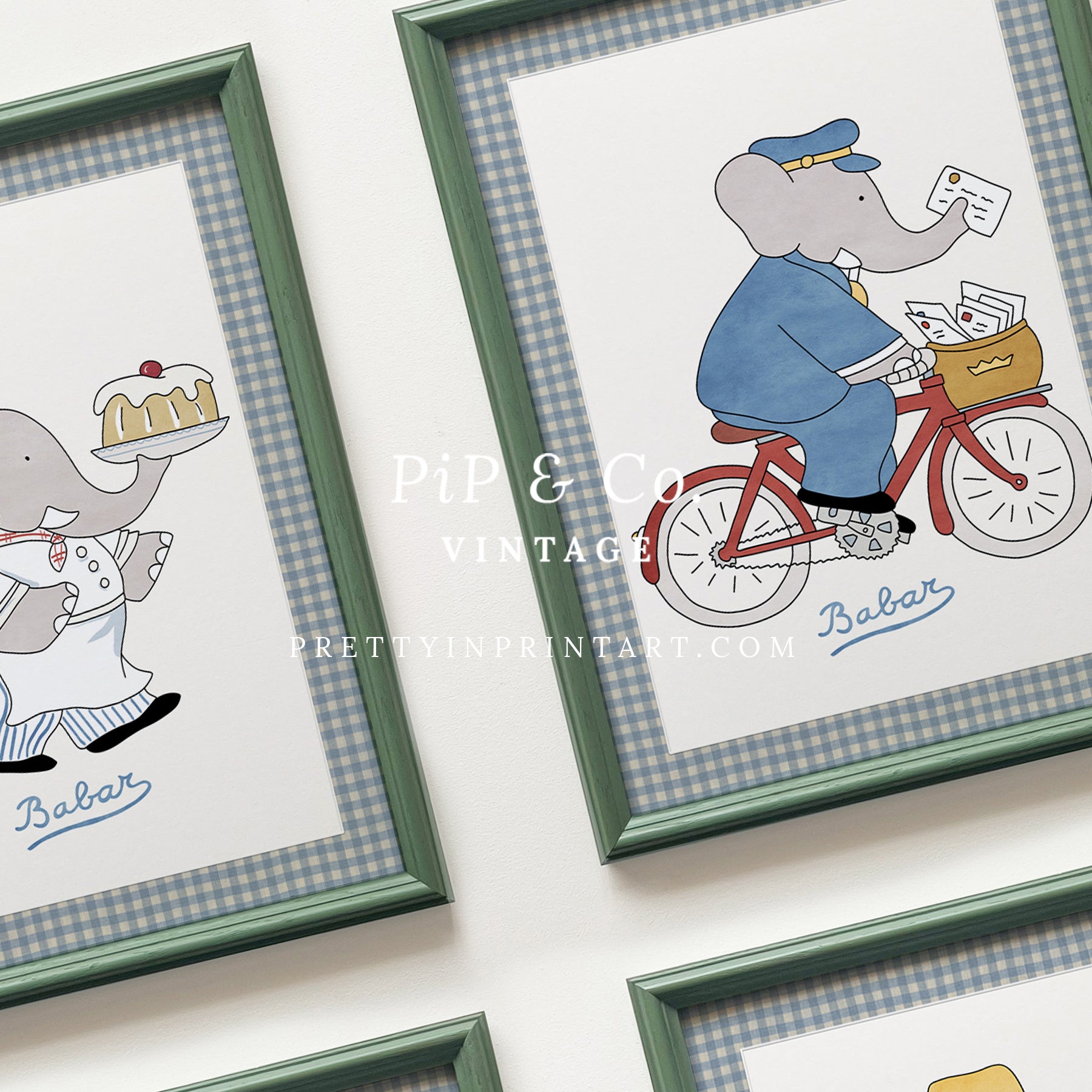 Babar Nursery Art (set of 6) |  Framed (Calke Green Farrow & Ball 00303)