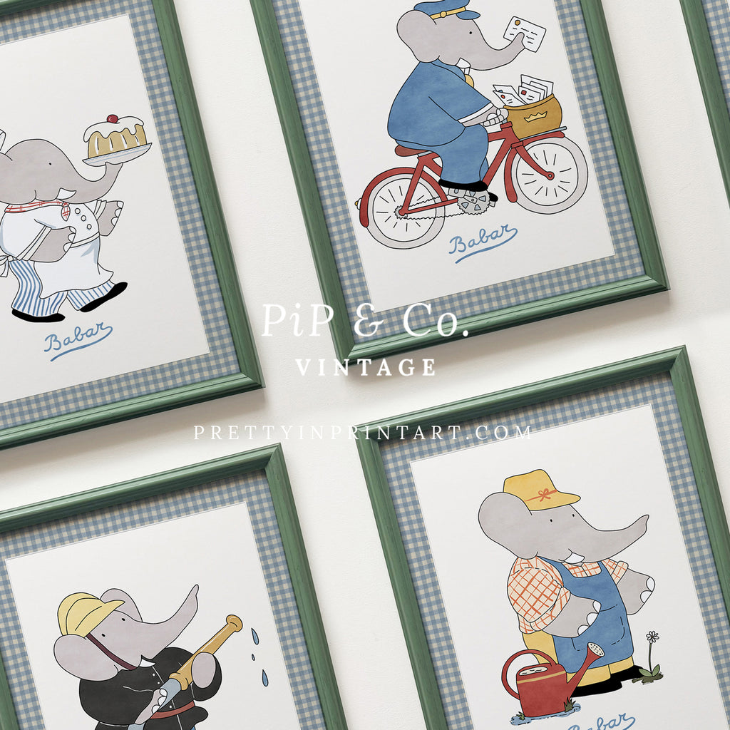 Babar Nursery Art (set of 6) |  Framed (Calke Green Farrow & Ball 00303)