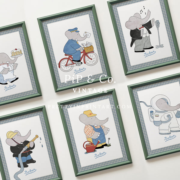 Babar Nursery Art (set of 6) |  Framed (Calke Green Farrow & Ball 00303)