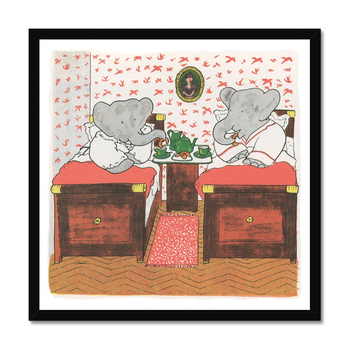 Babar im Bett | Gerahmter Druck