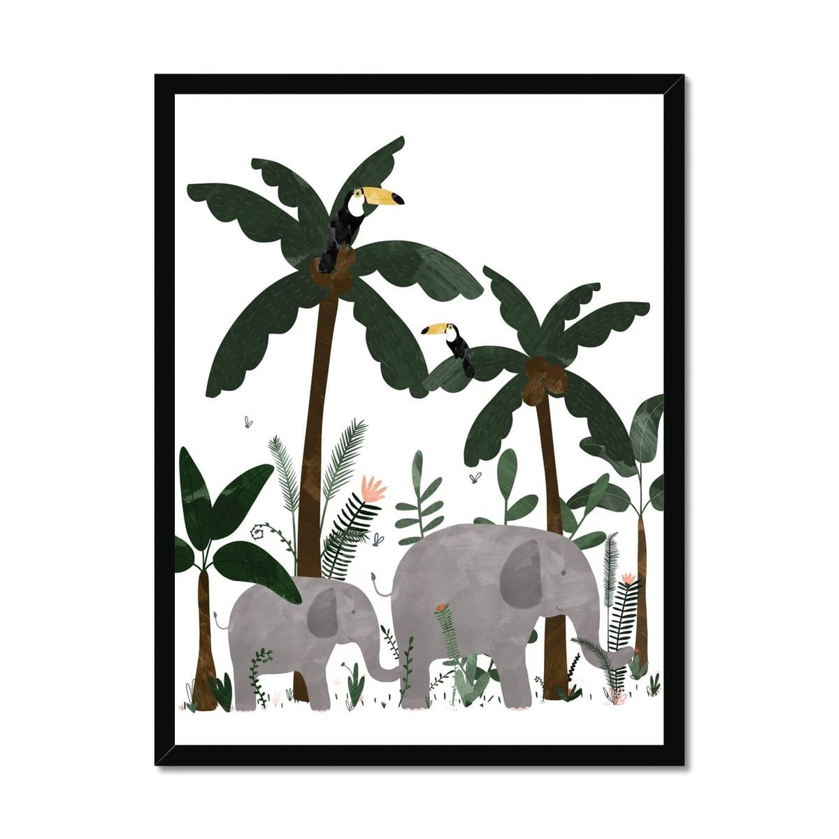 White - Elephants in the Jungle Print |  Framed Print