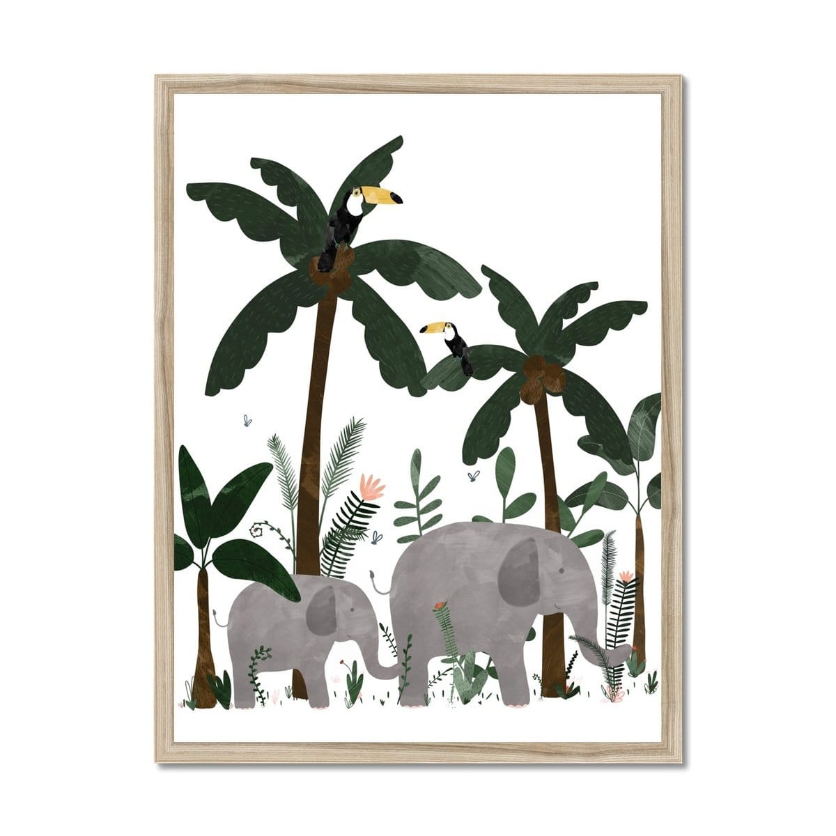 White - Elephants in the Jungle Print |  Framed Print